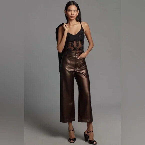 Anthropologie Maeve The Colette Wide Leg Pants Faux Leather Brown Shine 29 - Picture 2 of 12